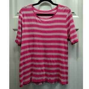Chico's Size Large (2) Pink White Striped Round Neck Short Sleeve Cotton T-Shirt